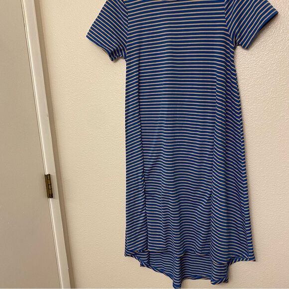 LuLaRoe t shirt dress stretch blue stripe crew neck hi low modest XS - Picture 2 of 10
